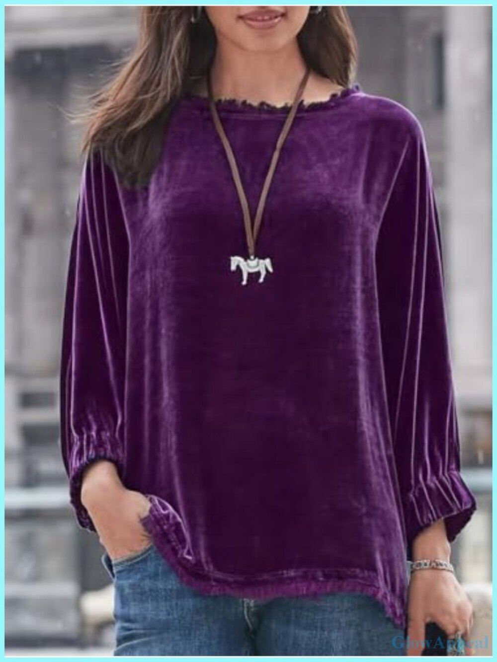 Velvet Sweatshirt Boat Neck 3/4 Balloon Sleeve Frayed Trim Pullover